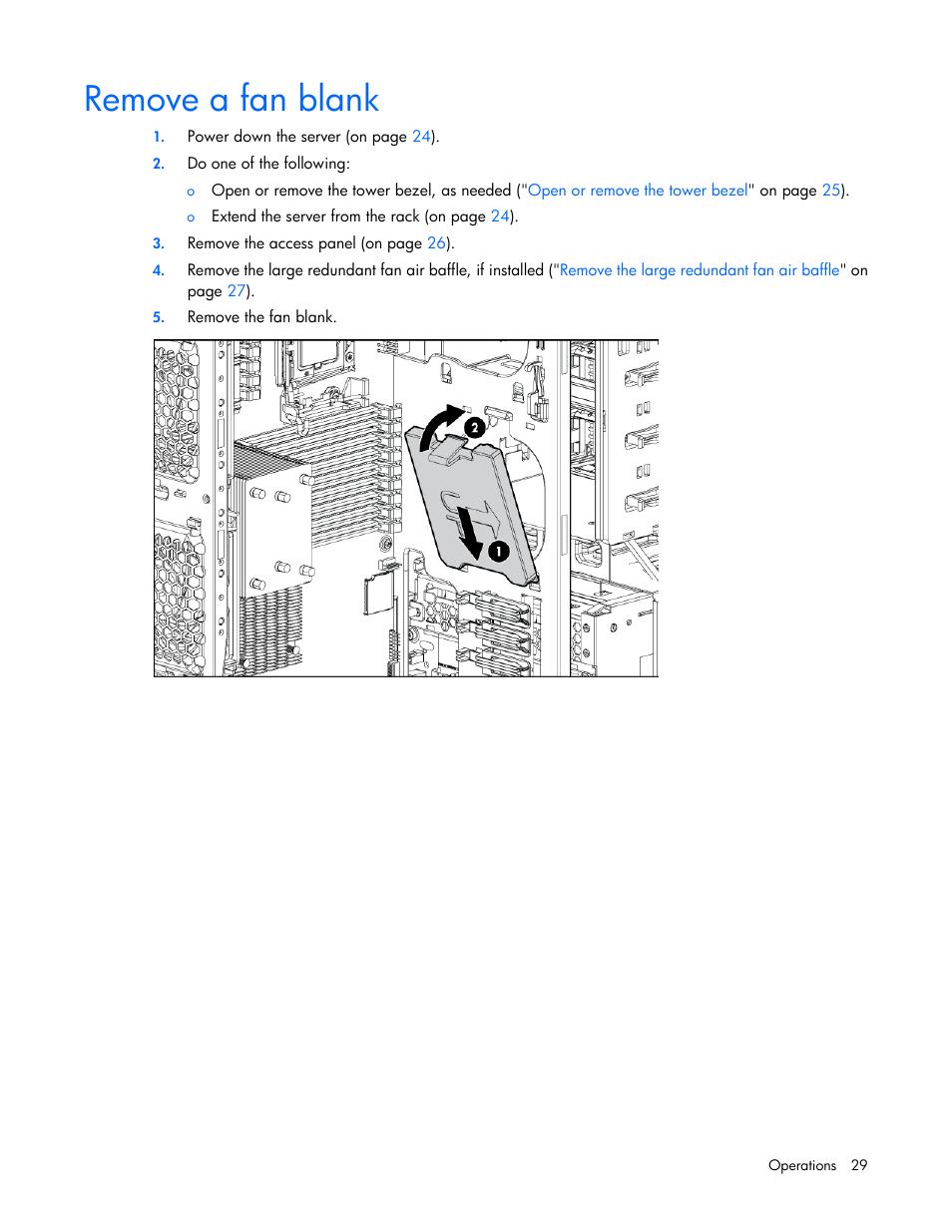 Remove a fan blank | HP ProLiant ML350 G6 Server User Manual | Page 29 / 144