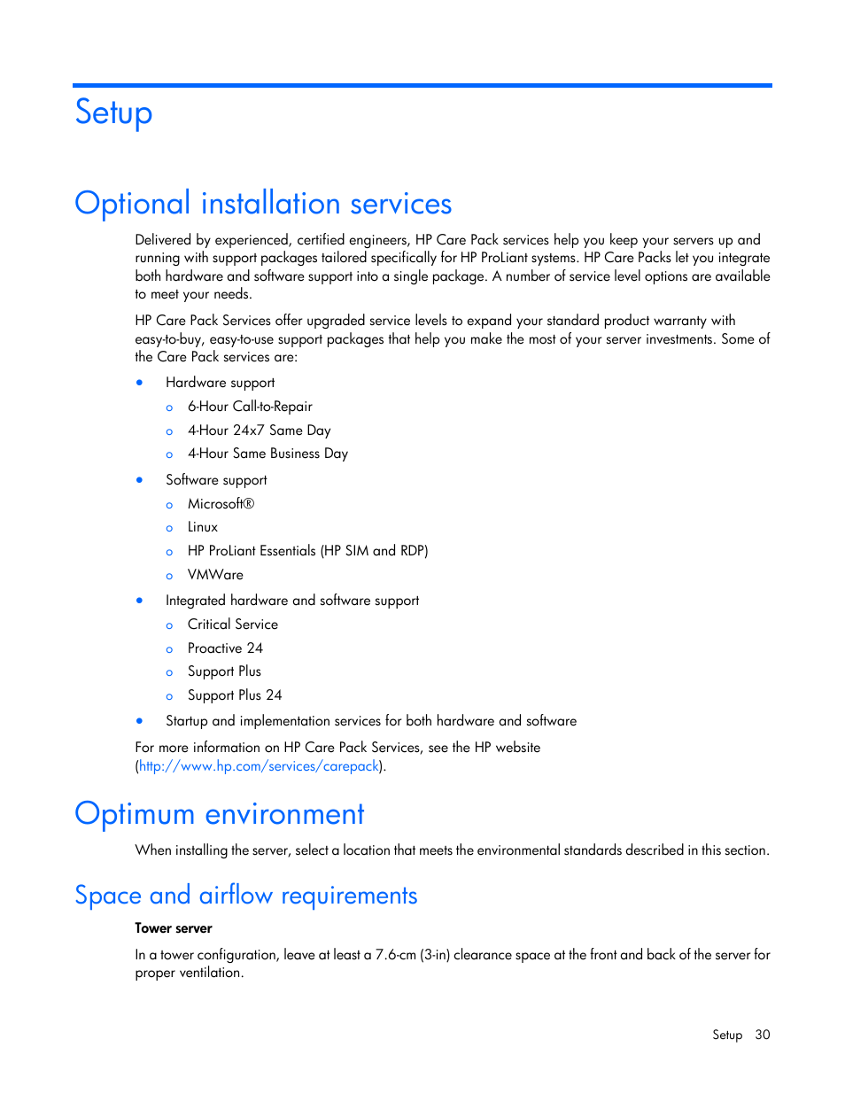 Setup, Optional installation services, Optimum environment | Space and airflow requirements | HP ProLiant ML350 G6 Server User Manual | Page 30 / 144