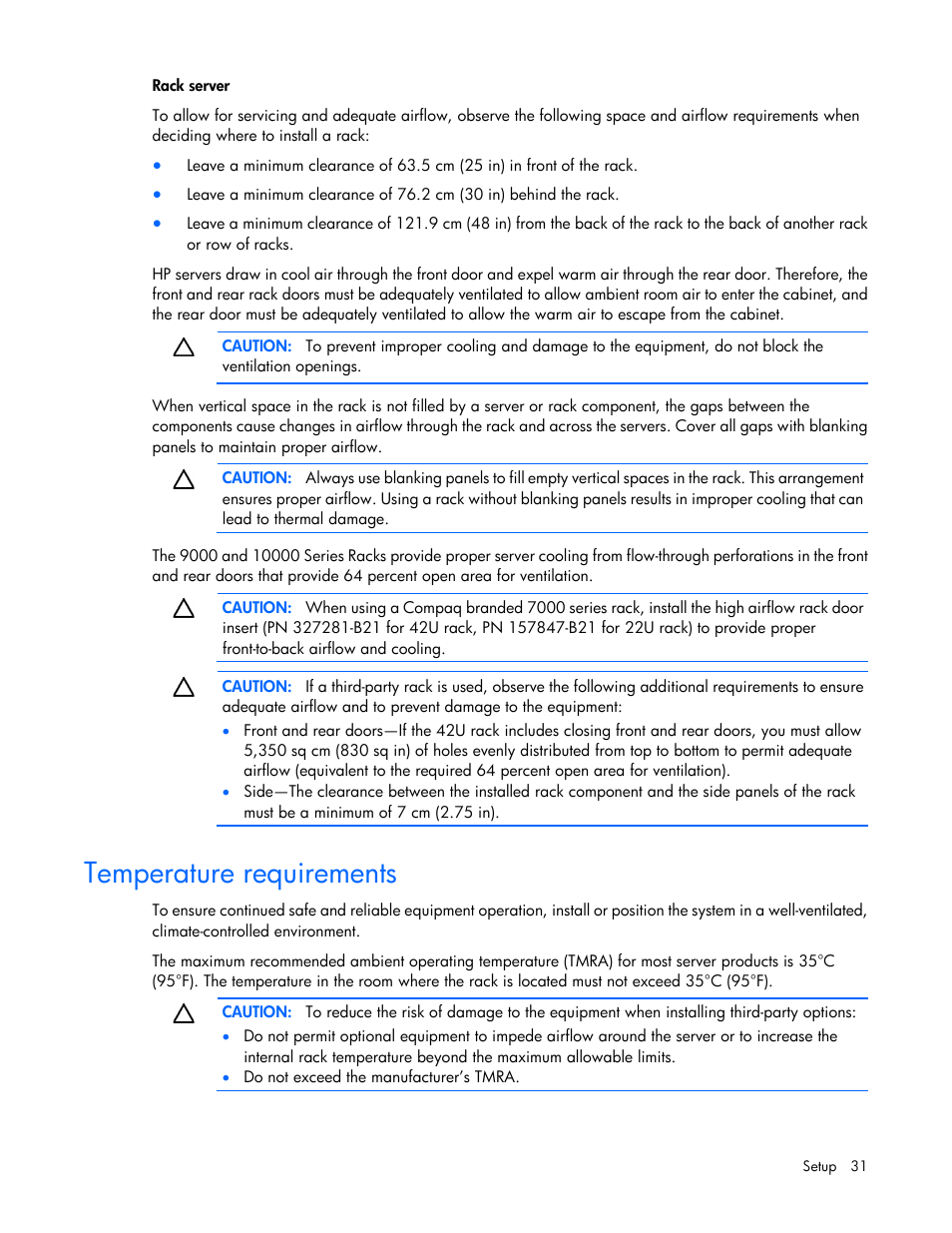 Temperature requirements | HP ProLiant ML350 G6 Server User Manual | Page 31 / 144