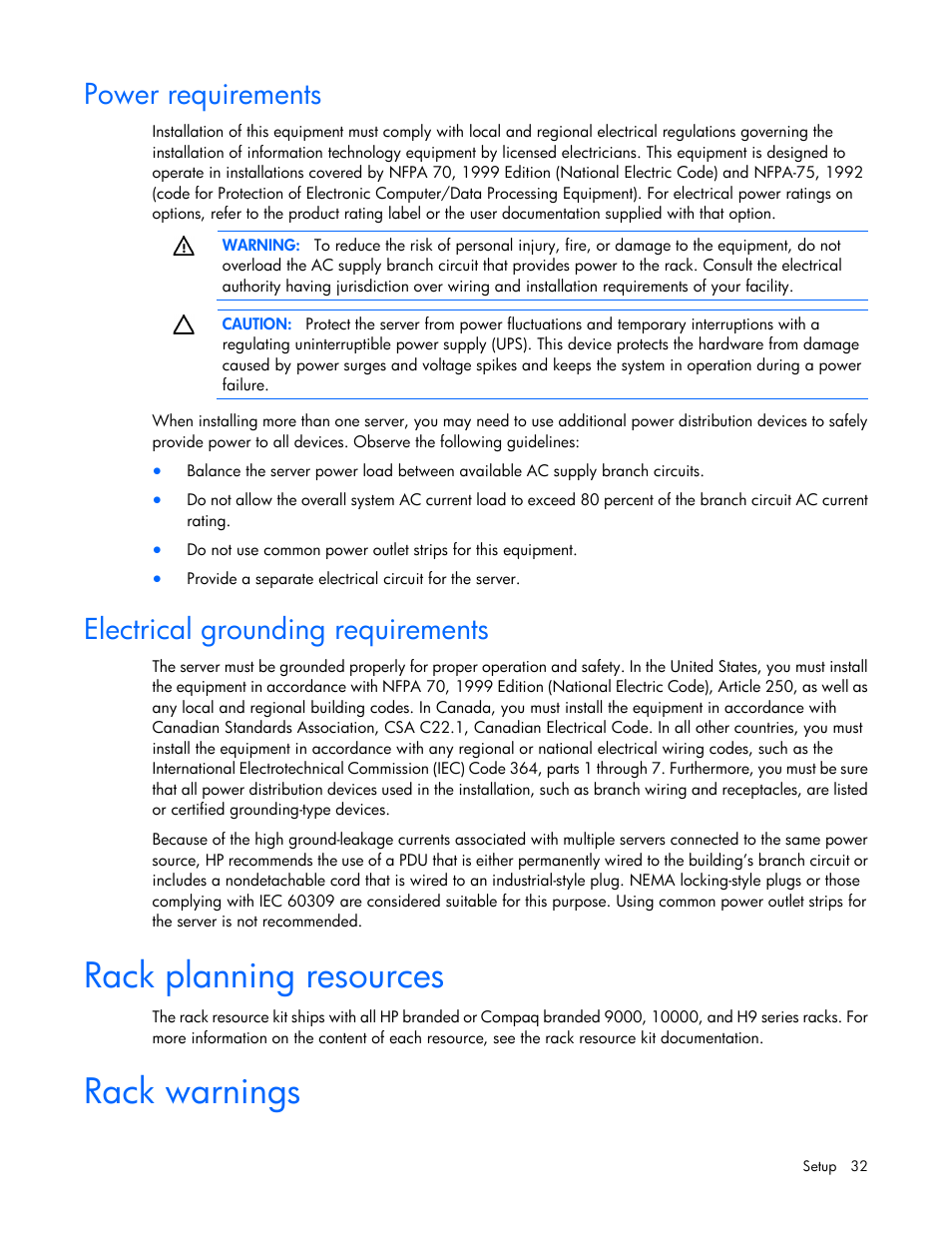 Power requirements, Electrical grounding requirements, Rack planning resources | Rack warnings | HP ProLiant ML350 G6 Server User Manual | Page 32 / 144