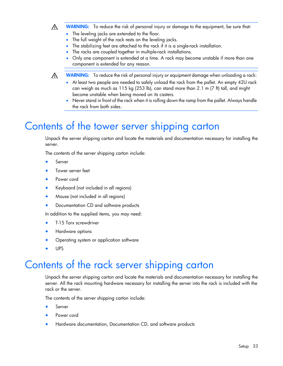 Contents of the tower server shipping carton, Contents of the rack server shipping carton | HP ProLiant ML350 G6 Server User Manual | Page 33 / 144