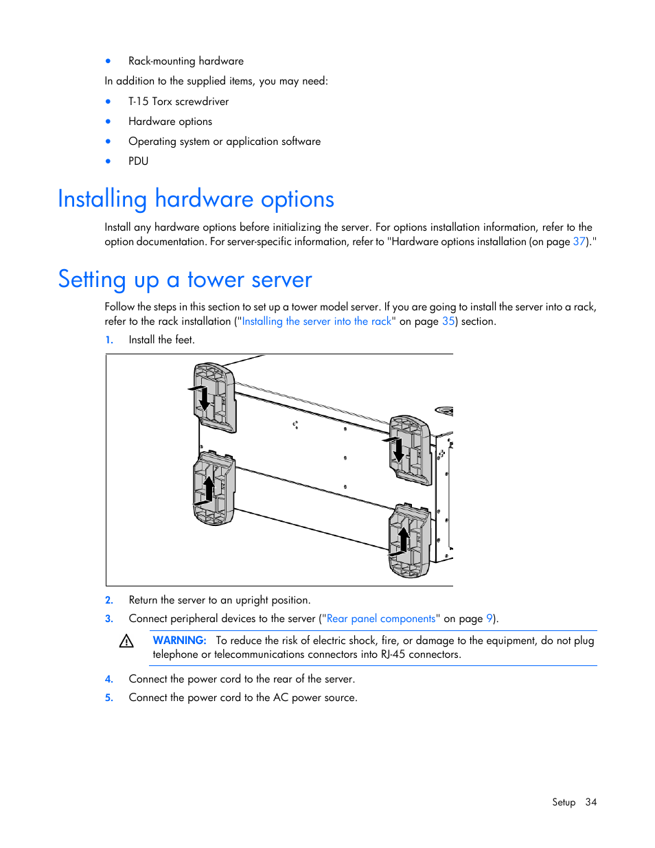 Installing hardware options, Setting up a tower server | HP ProLiant ML350 G6 Server User Manual | Page 34 / 144