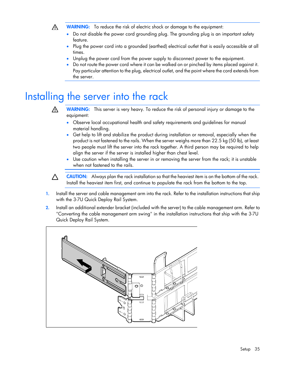 Installing the server into the rack | HP ProLiant ML350 G6 Server User Manual | Page 35 / 144