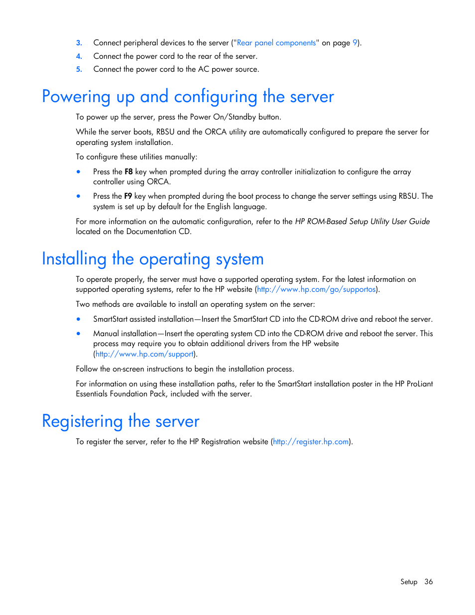 Powering up and configuring the server, Installing the operating system, Registering the server | HP ProLiant ML350 G6 Server User Manual | Page 36 / 144