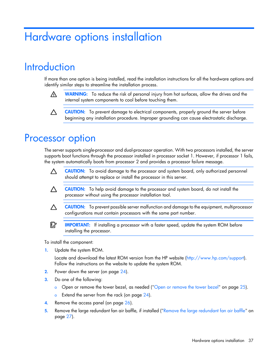 Hardware options installation, Introduction, Processor option | HP ProLiant ML350 G6 Server User Manual | Page 37 / 144