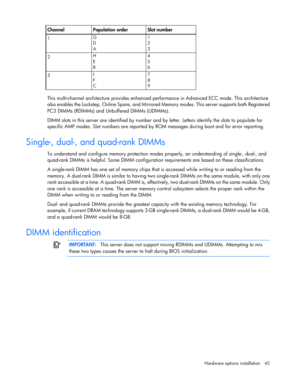 Single-, dual-, and quad-rank dimms, Dimm identification | HP ProLiant ML350 G6 Server User Manual | Page 45 / 144