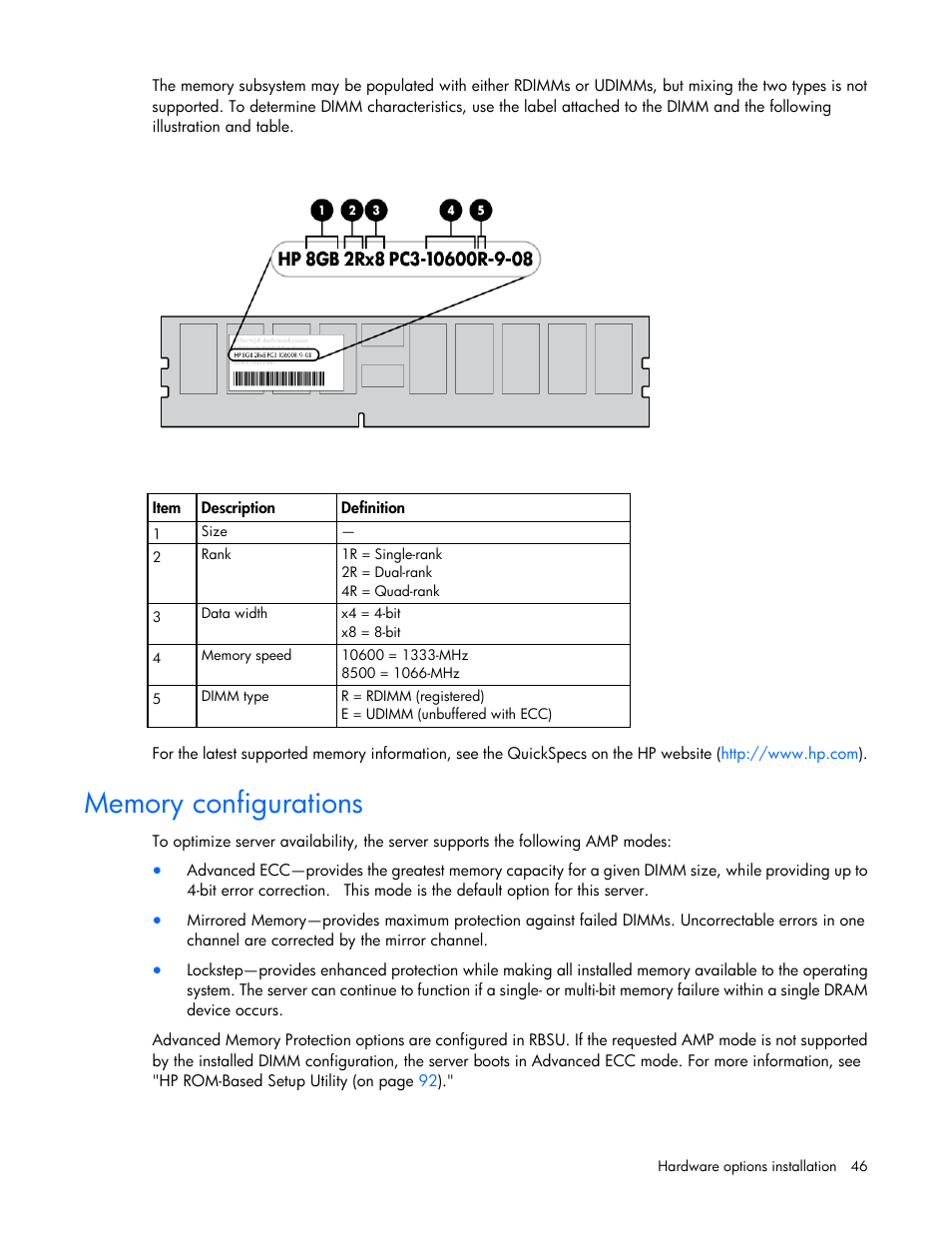 Memory configurations | HP ProLiant ML350 G6 Server User Manual | Page 46 / 144