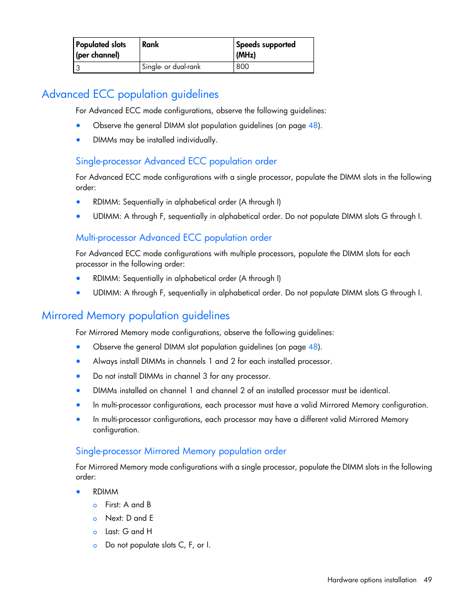 Advanced ecc population guidelines, Single-processor advanced ecc population order, Multi-processor advanced ecc population order | Mirrored memory population guidelines, Single-processor mirrored memory population order | HP ProLiant ML350 G6 Server User Manual | Page 49 / 144