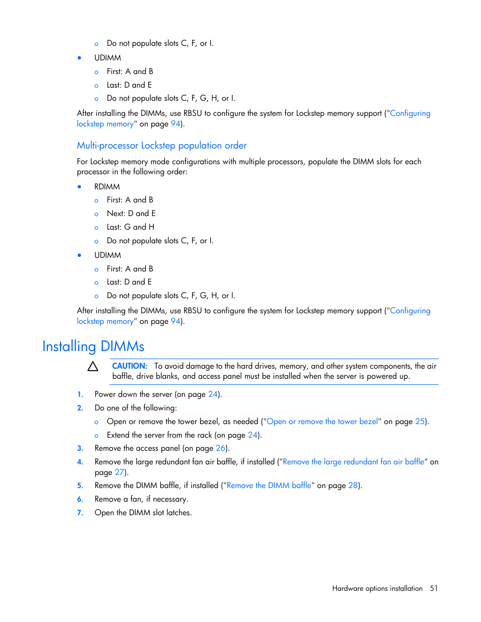 Multi-processor lockstep population order, Installing dimms | HP ProLiant ML350 G6 Server User Manual | Page 51 / 144