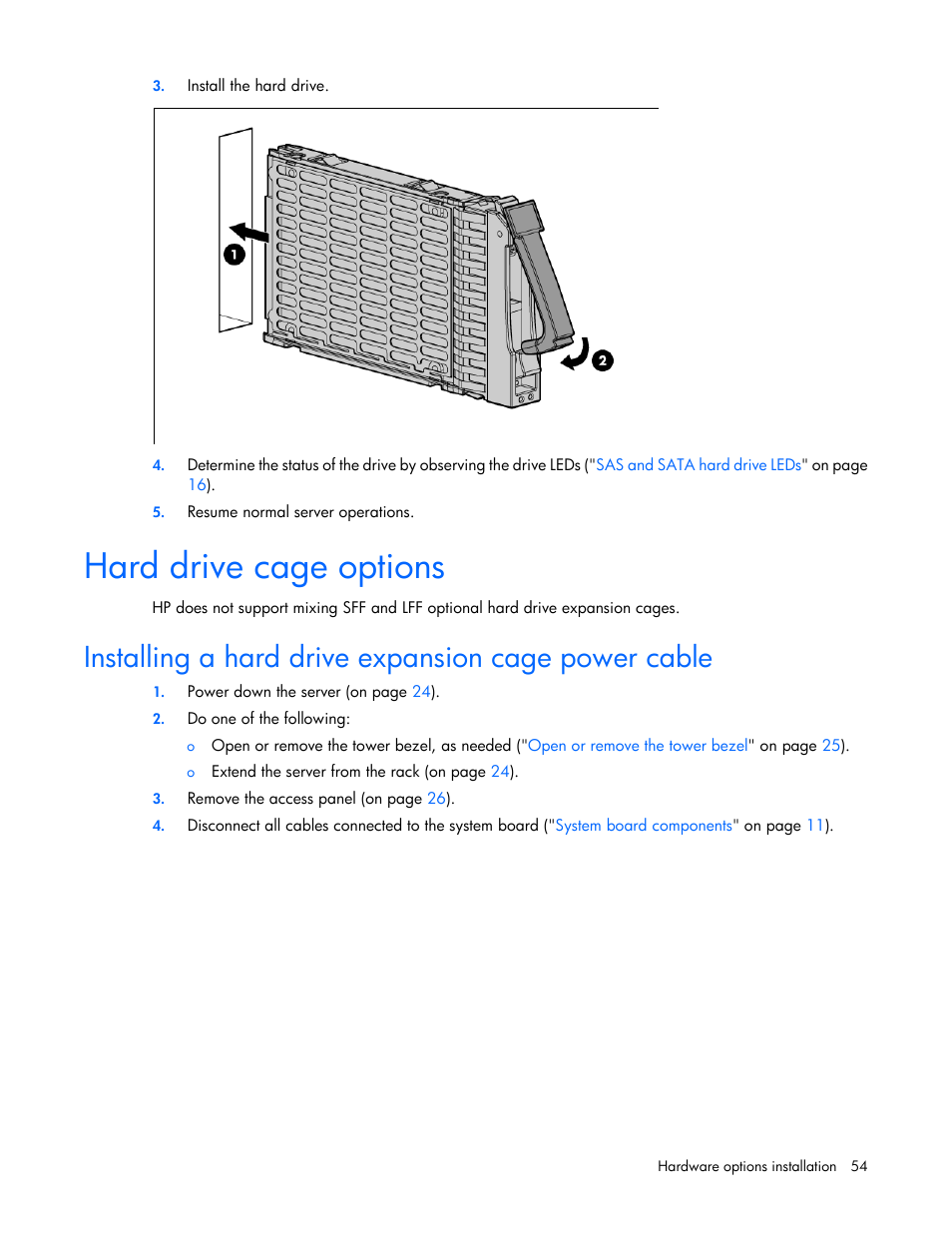 Hard drive cage options, Installing a hard drive expansion cage power cable | HP ProLiant ML350 G6 Server User Manual | Page 54 / 144