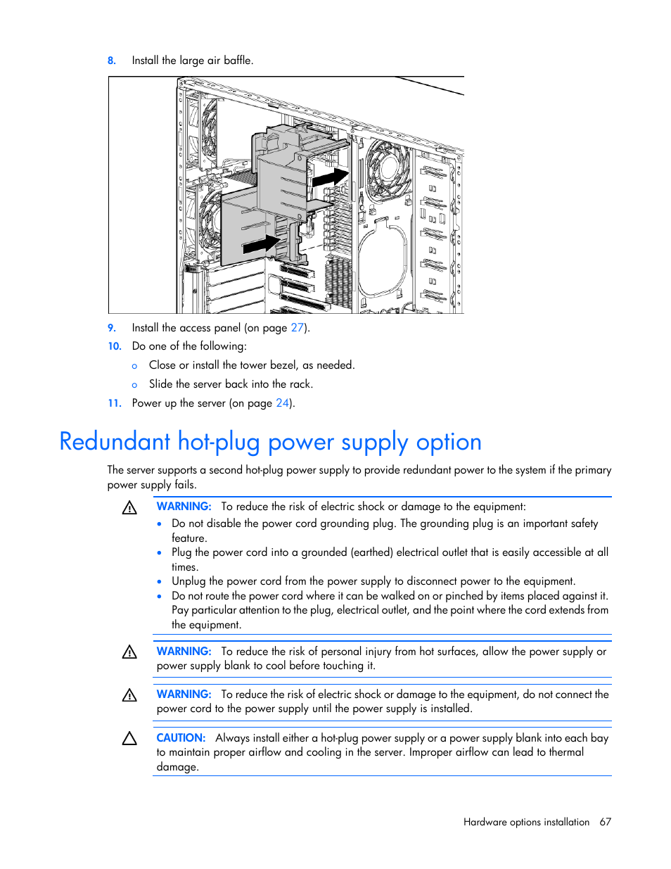 Redundant hot-plug power supply option | HP ProLiant ML350 G6 Server User Manual | Page 67 / 144