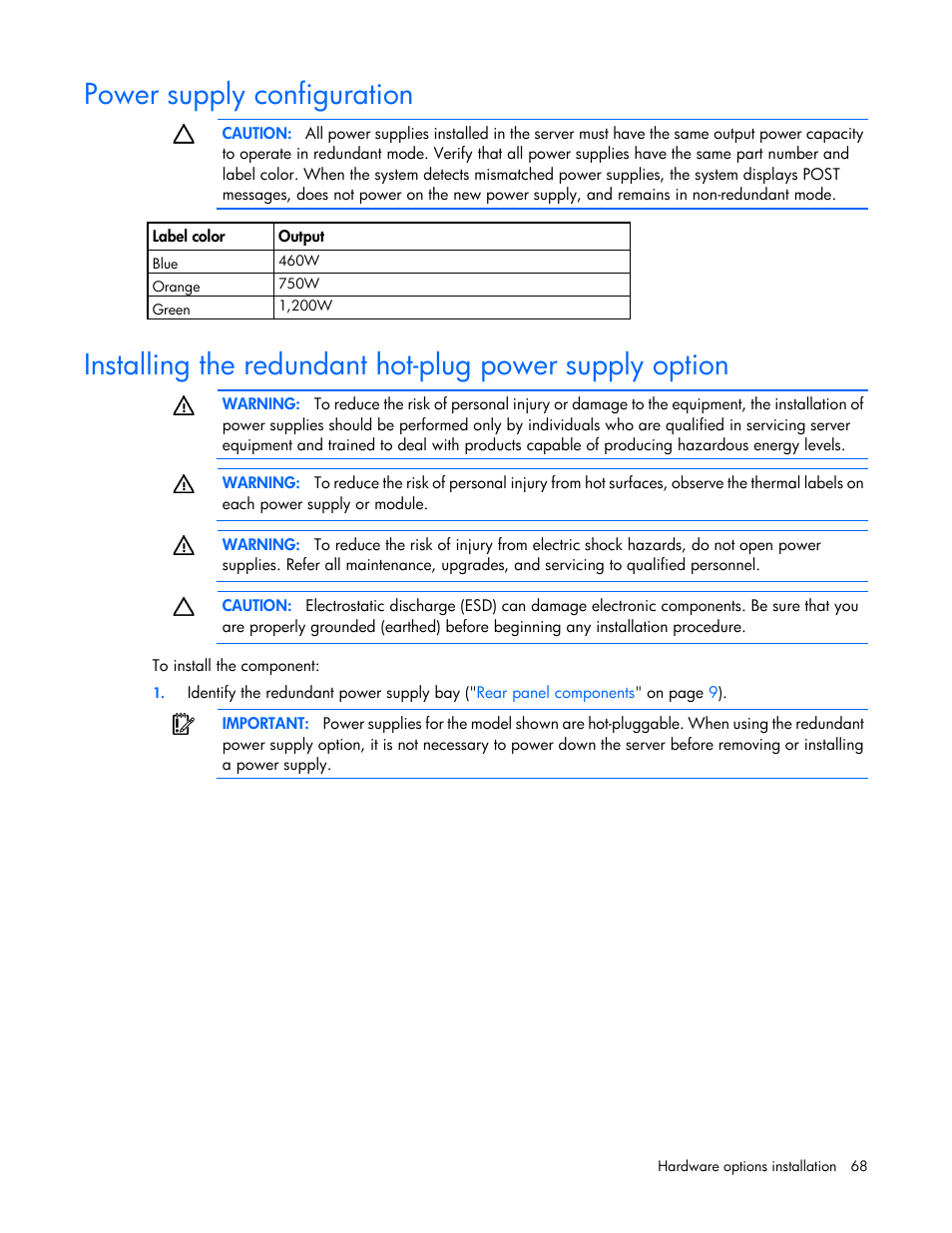 Power supply configuration | HP ProLiant ML350 G6 Server User Manual | Page 68 / 144