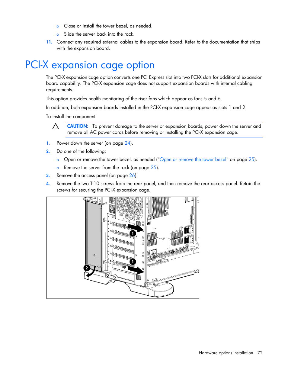 Pci-x expansion cage option | HP ProLiant ML350 G6 Server User Manual | Page 72 / 144