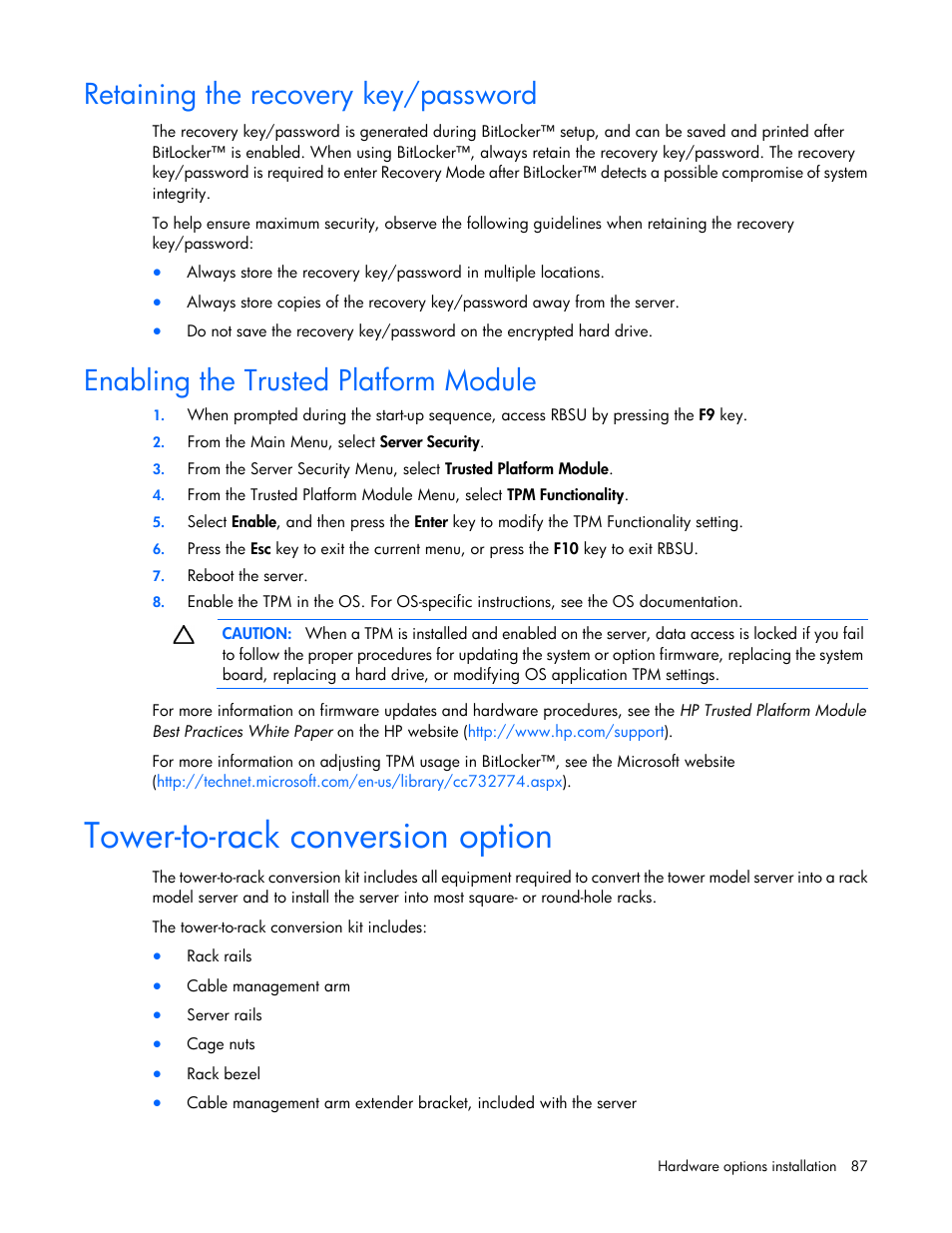 Retaining the recovery key/password, Enabling the trusted platform module, Tower-to-rack conversion option | HP ProLiant ML350 G6 Server User Manual | Page 87 / 144