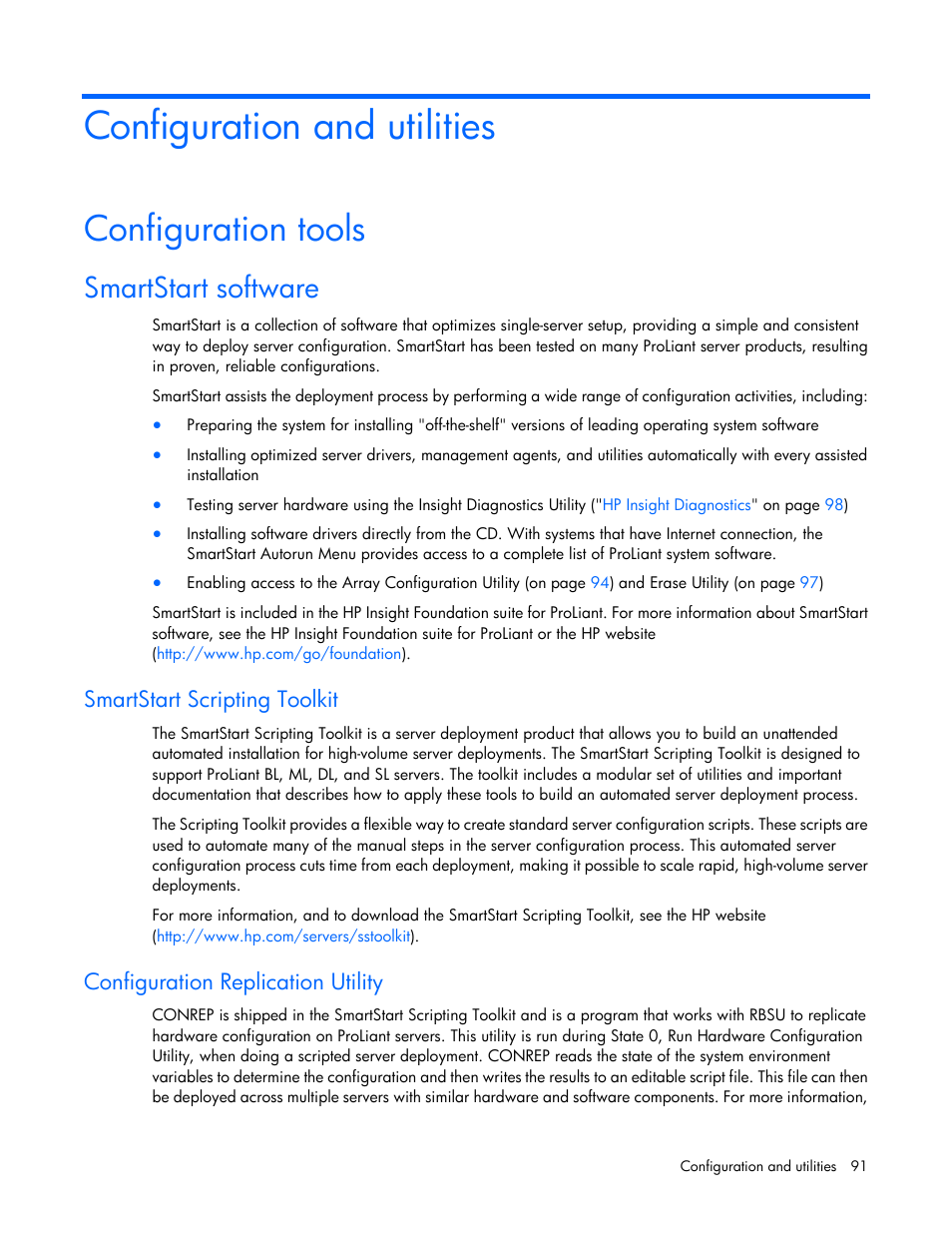 Configuration and utilities, Configuration tools, Smartstart software | Smartstart scripting toolkit, Configuration replication utility | HP ProLiant ML350 G6 Server User Manual | Page 91 / 144