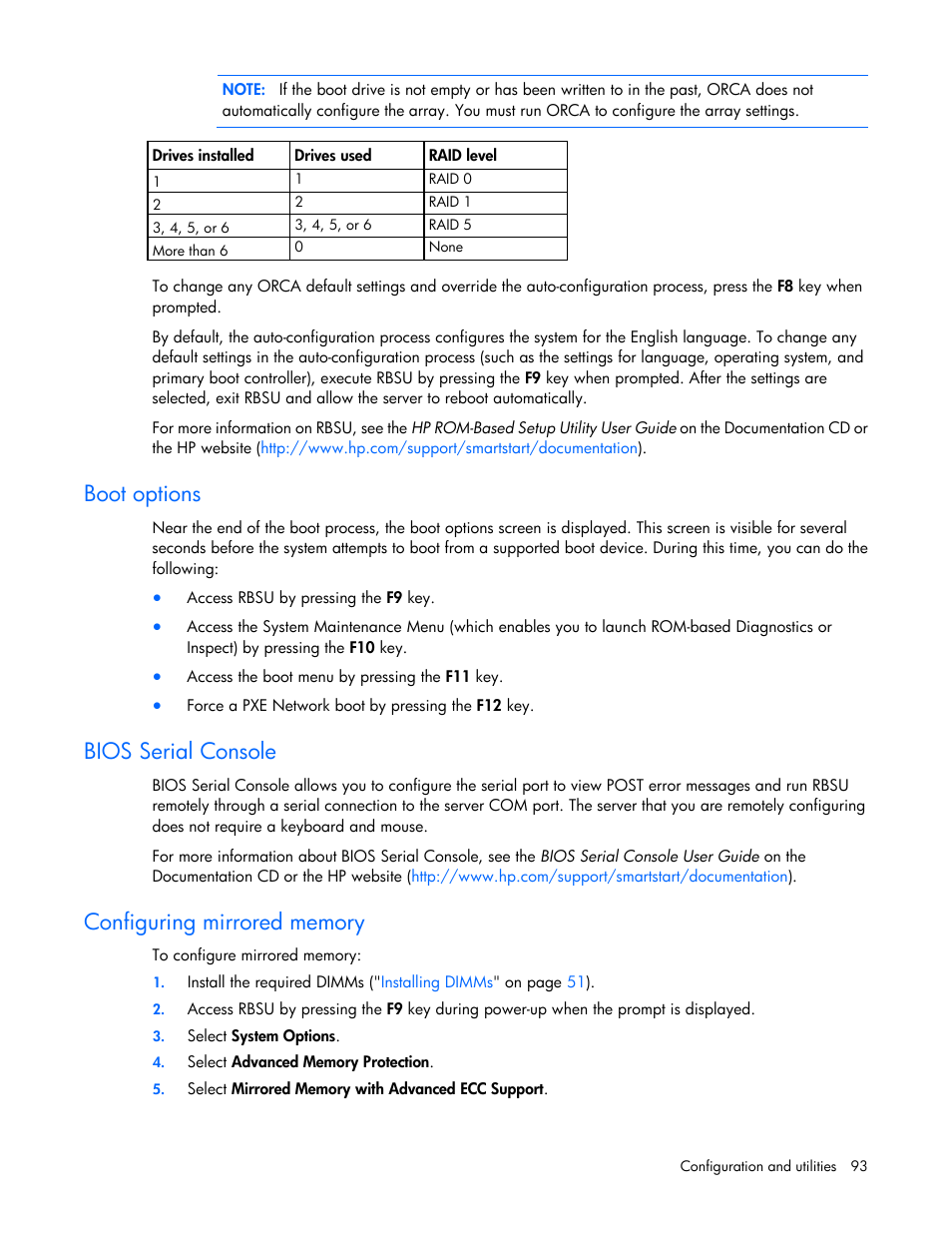 Boot options, Bios serial console, Configuring mirrored memory | Configuring, Mirrored memory | HP ProLiant ML350 G6 Server User Manual | Page 93 / 144