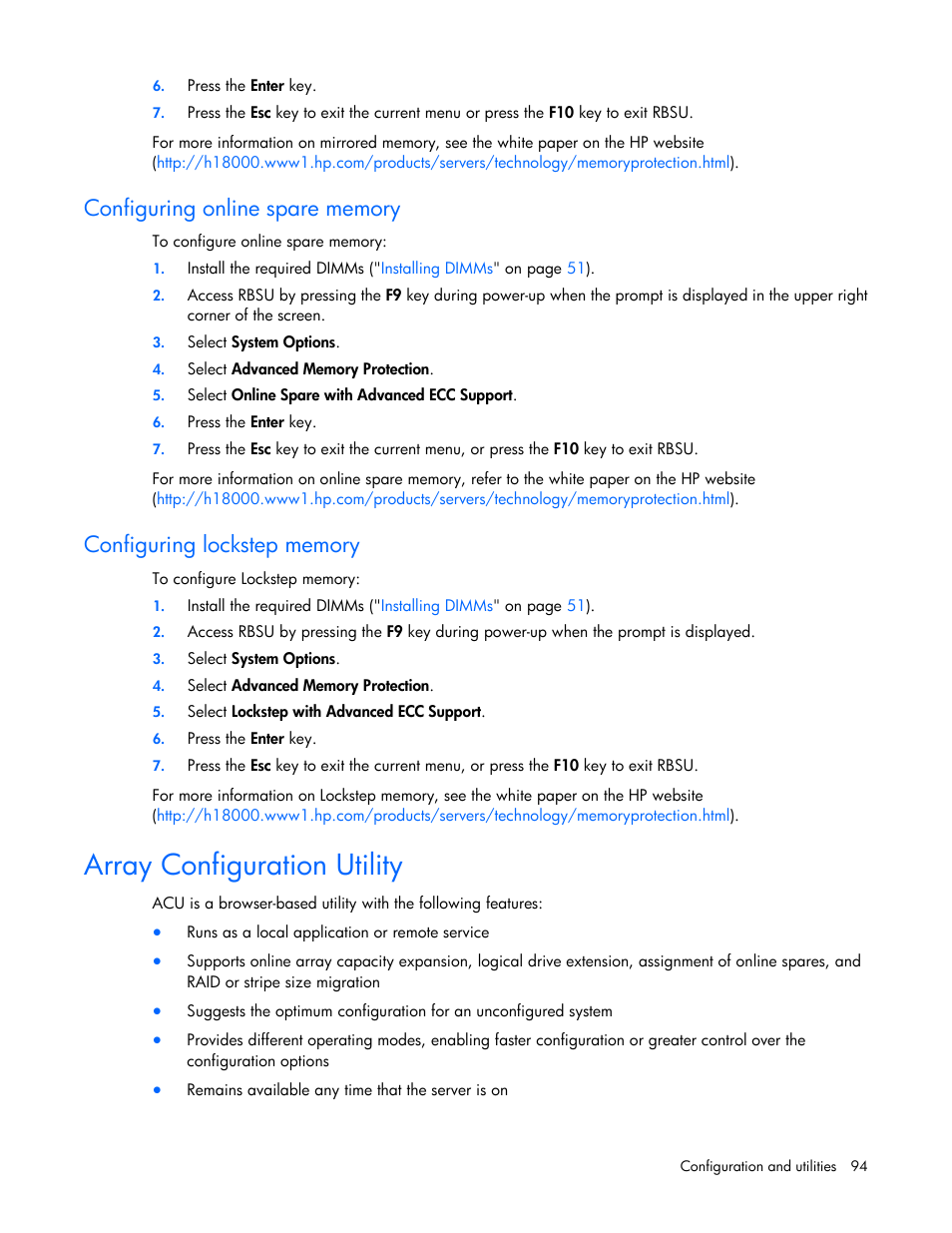 Configuring online spare memory, Configuring lockstep memory, Array configuration utility | Configuring, Lockstep memory | HP ProLiant ML350 G6 Server User Manual | Page 94 / 144