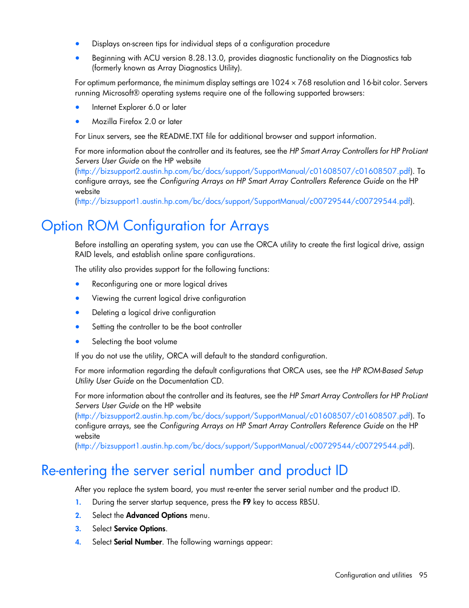 Option rom configuration for arrays | HP ProLiant ML350 G6 Server User Manual | Page 95 / 144