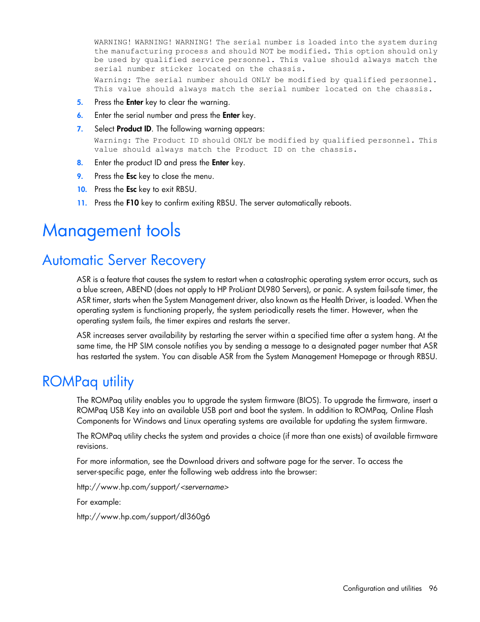 Management tools, Automatic server recovery, Rompaq utility | HP ProLiant ML350 G6 Server User Manual | Page 96 / 144