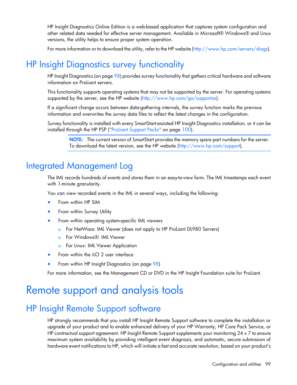 Hp insight diagnostics survey functionality, Integrated management log, Remote support and analysis tools | Hp insight remote support software | HP ProLiant ML350 G6 Server User Manual | Page 99 / 144