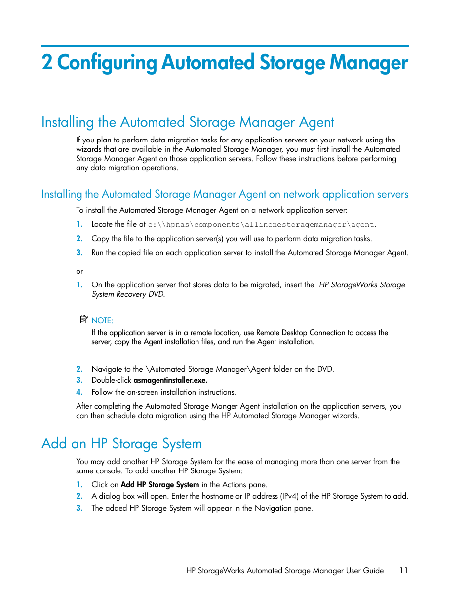 2 configuring automated storage manager, Installing the automated storage manager agent, Add an hp storage system | HP StoreEasy 1000 Storage User Manual | Page 11 / 72