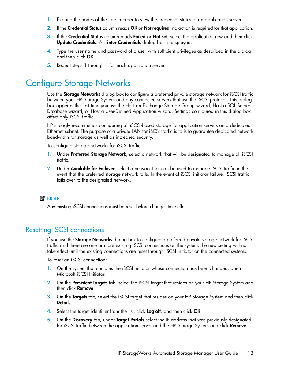 Configure storage networks, Resetting iscsi connections | HP StoreEasy 1000 Storage User Manual | Page 13 / 72