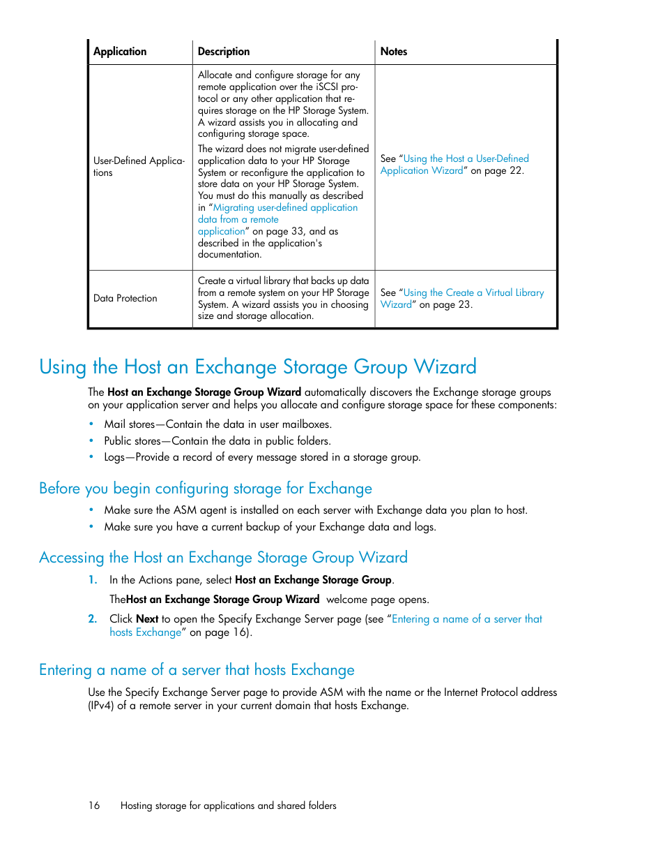 Using the host an exchange storage group wizard, Entering a name of a server that hosts exchange, Using the host an exchange storage group | Wizard, Using the host an exchange storage, Group wizard, Before you begin configuring storage for exchange | HP StoreEasy 1000 Storage User Manual | Page 16 / 72