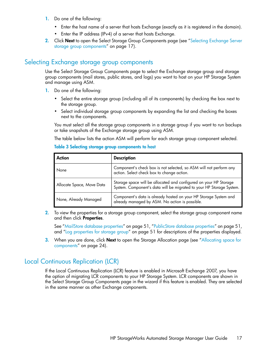 Selecting exchange storage group components, Local continuous replication (lcr), 17 local continuous replication (lcr) | Selecting storage group components to host | HP StoreEasy 1000 Storage User Manual | Page 17 / 72