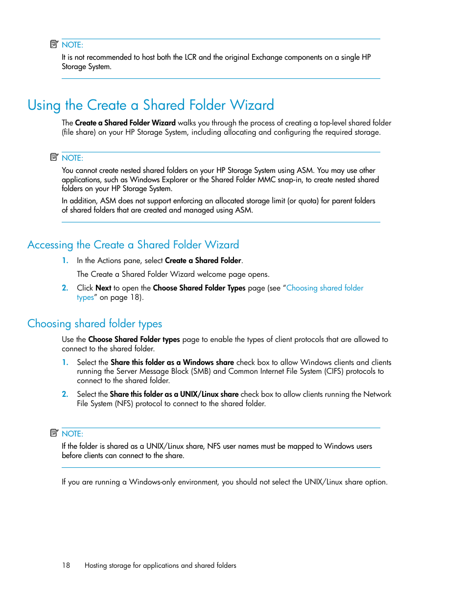 Using the create a shared folder wizard, Choosing shared folder types, Using the create a shared folder wiz | Using the create a shared folder, Wizard, Accessing the create a shared folder wizard | HP StoreEasy 1000 Storage User Manual | Page 18 / 72