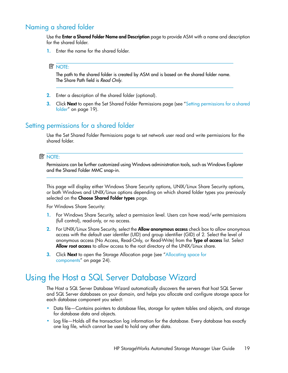 Naming a shared folder, Setting permissions for a shared folder, Using the host a sql server database wizard | 19 setting permissions for a shared folder, Using the host a sql server database wiz, Using the host a sql server, Database wizard | HP StoreEasy 1000 Storage User Manual | Page 19 / 72