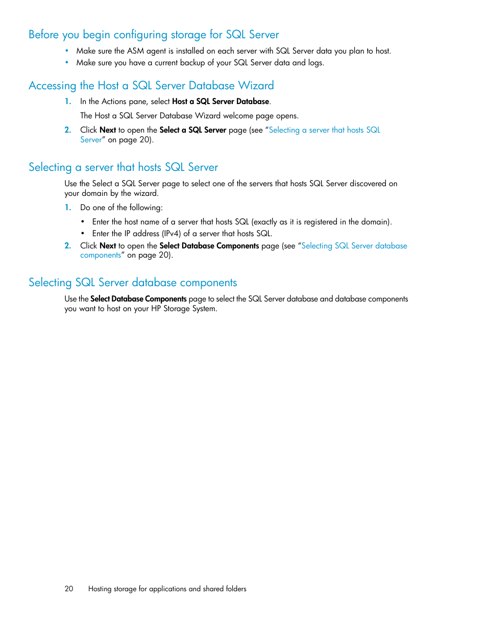 Selecting a server that hosts sql server, Selecting sql server database components, 20 selecting sql server database components | Accessing the host a sql server database wizard | HP StoreEasy 1000 Storage User Manual | Page 20 / 72