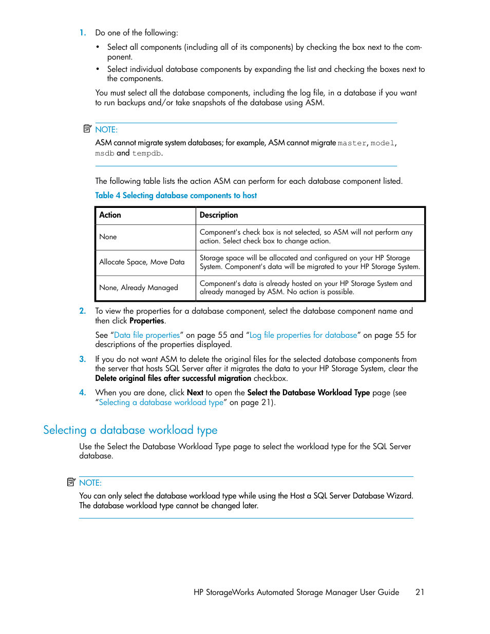 Selecting a database workload type, Selecting database components to host | HP StoreEasy 1000 Storage User Manual | Page 21 / 72