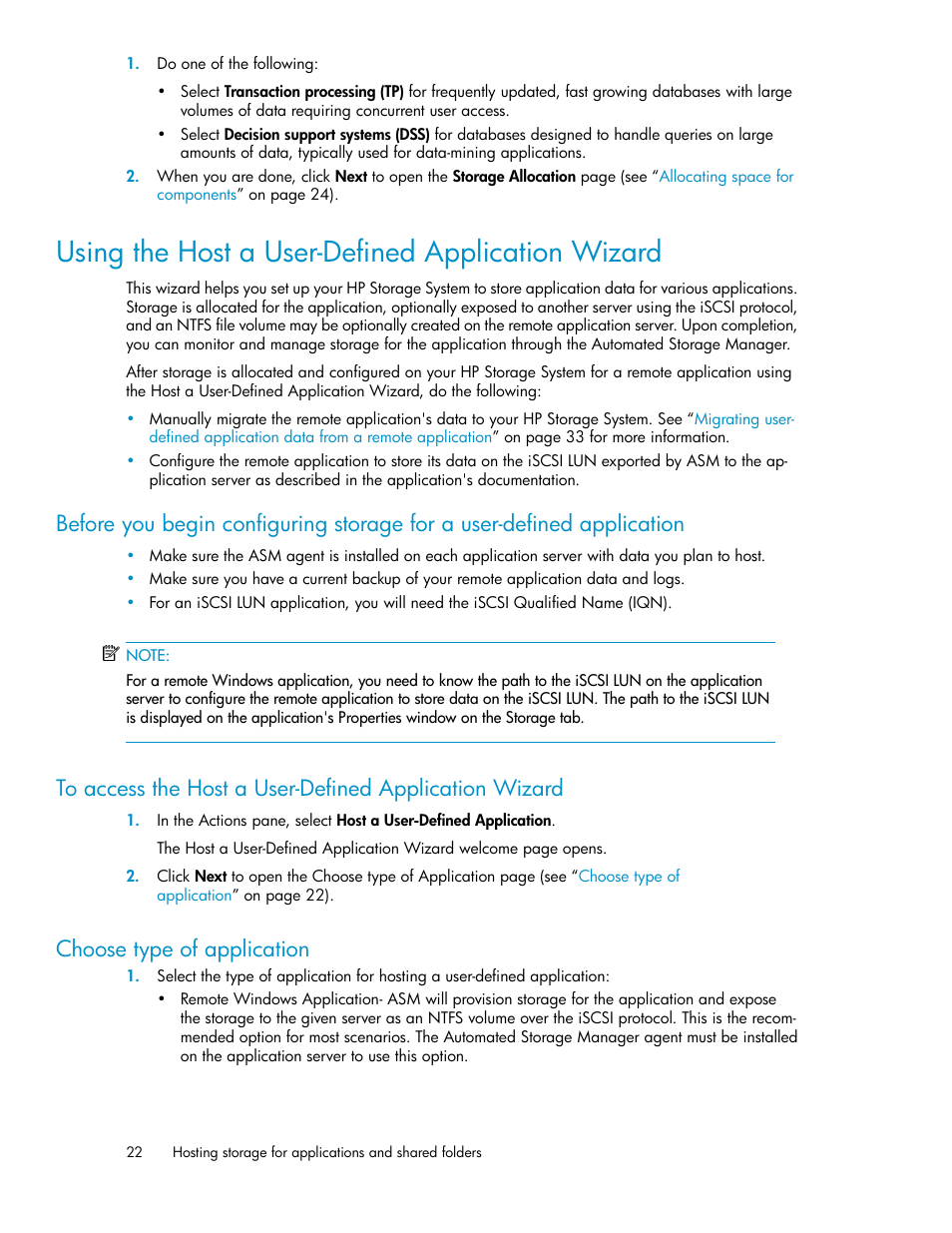 Using the host a user-defined application wizard, Choose type of application, Using the host a user-defined application wiz | Using the host a user-defined, Application wizard | HP StoreEasy 1000 Storage User Manual | Page 22 / 72