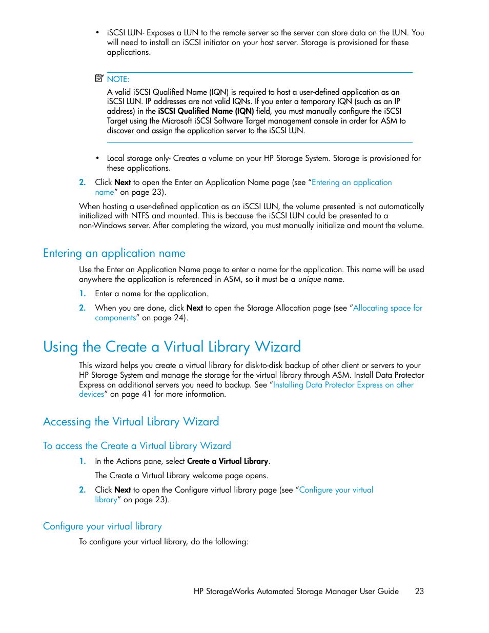 Entering an application name, Using the create a virtual library wizard, Accessing the virtual library wizard | Configure your virtual library, Using the create a virtual library, Wizard | HP StoreEasy 1000 Storage User Manual | Page 23 / 72