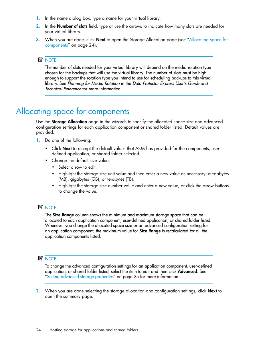 Allocating space for components, Allocating space for, Components | HP StoreEasy 1000 Storage User Manual | Page 24 / 72