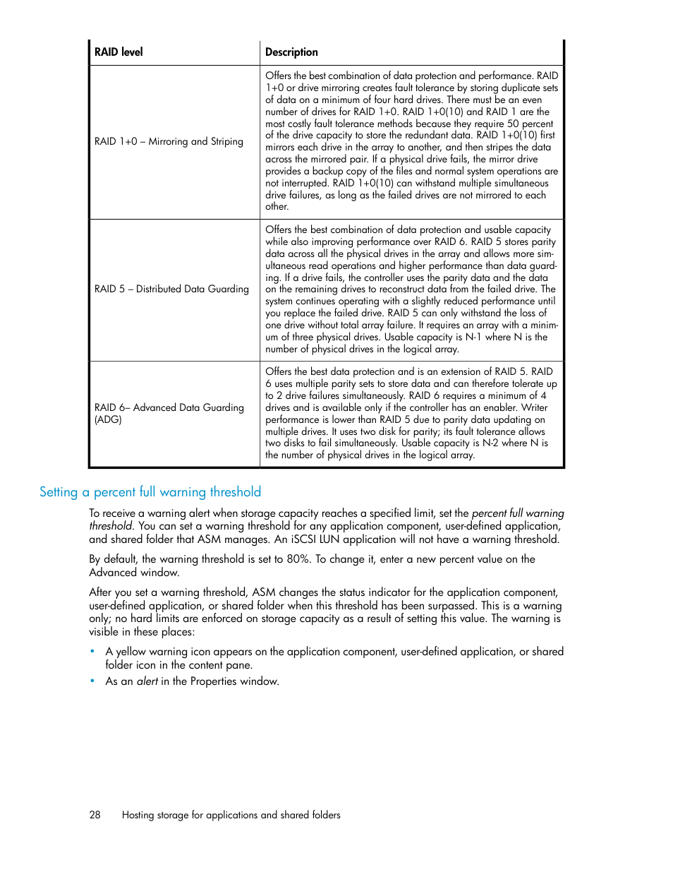Setting a percent full warning threshold | HP StoreEasy 1000 Storage User Manual | Page 28 / 72