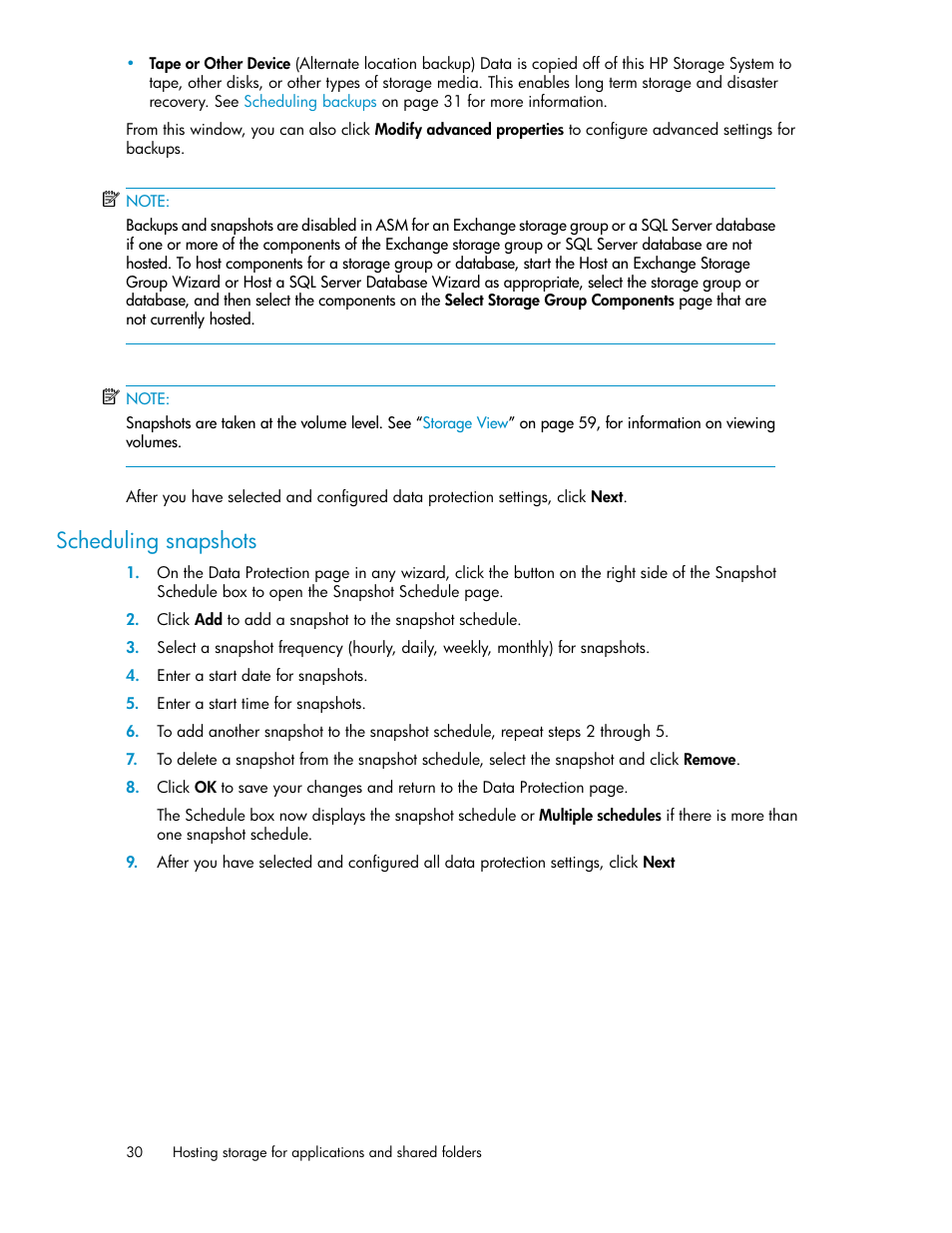 Scheduling snapshots | HP StoreEasy 1000 Storage User Manual | Page 30 / 72