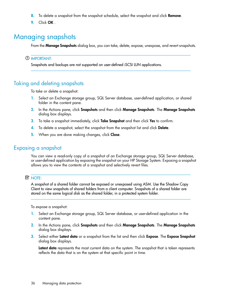 Managing snapshots, Taking and deleting snapshots, Exposing a snapshot | 36 exposing a snapshot | HP StoreEasy 1000 Storage User Manual | Page 36 / 72