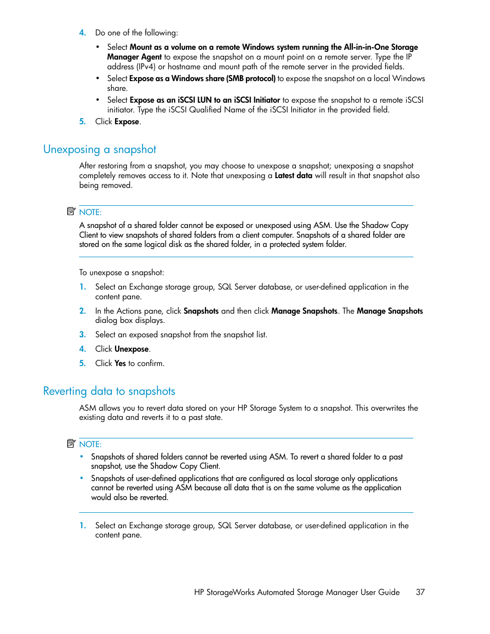 Unexposing a snapshot, Reverting data to snapshots, 37 reverting data to snapshots | HP StoreEasy 1000 Storage User Manual | Page 37 / 72