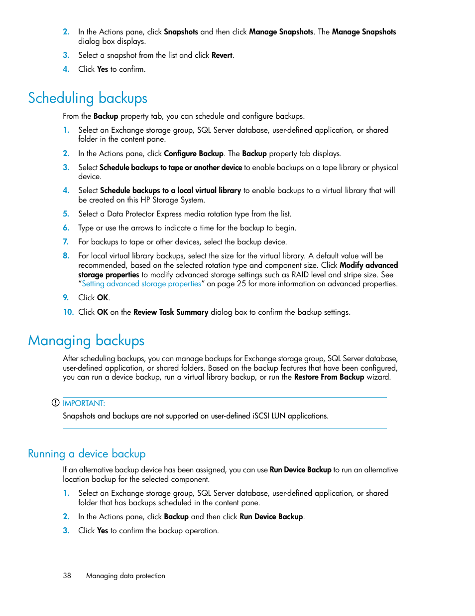 Scheduling backups, Managing backups, Running a device backup | 38 managing backups | HP StoreEasy 1000 Storage User Manual | Page 38 / 72