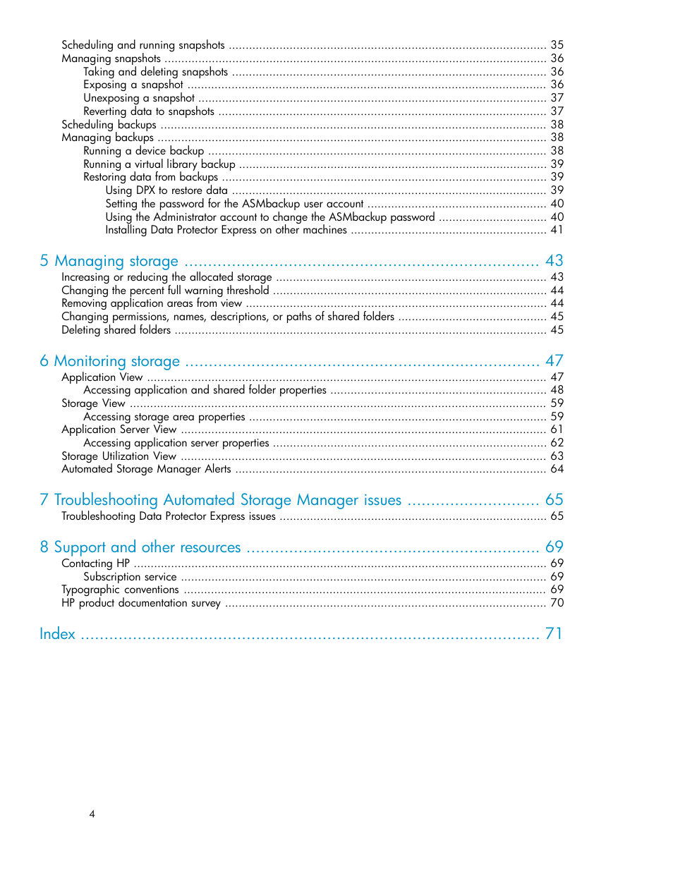5 managing storage, 6 monitoring storage, 7 troubleshooting automated storage manager issues | 8 support and other resources, Index | HP StoreEasy 1000 Storage User Manual | Page 4 / 72