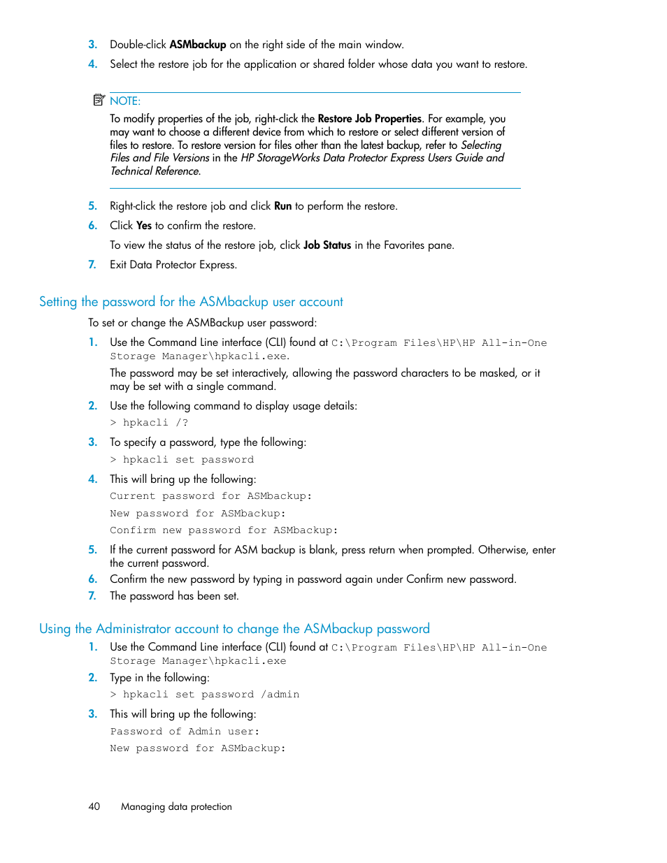 Setting the password for the asmbackup user, Account | HP StoreEasy 1000 Storage User Manual | Page 40 / 72