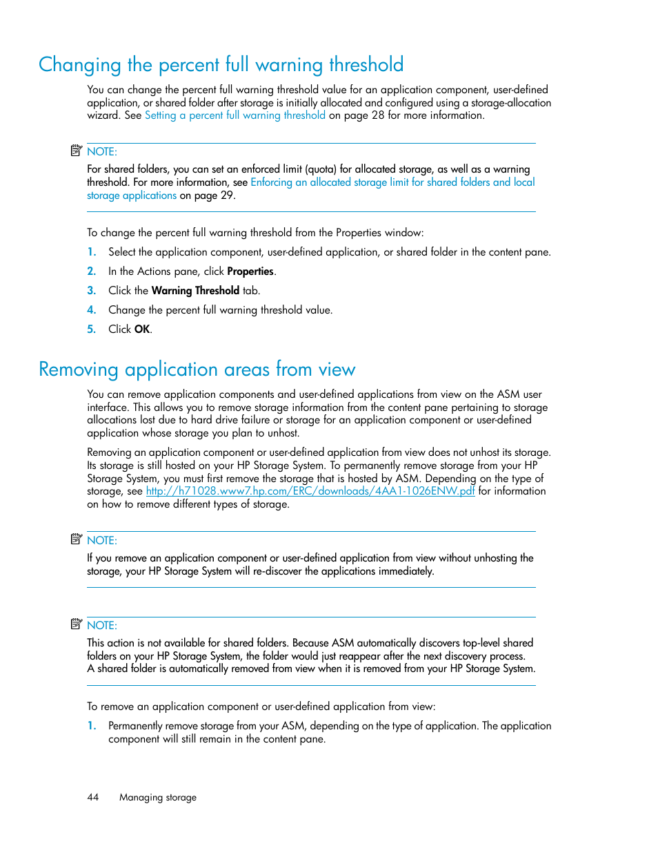 Changing the percent full warning threshold, Removing application areas from view, 44 removing application areas from view | HP StoreEasy 1000 Storage User Manual | Page 44 / 72