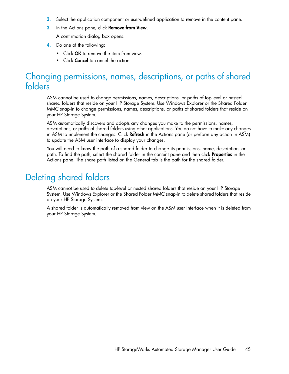 Deleting shared folders, 45 deleting shared folders | HP StoreEasy 1000 Storage User Manual | Page 45 / 72