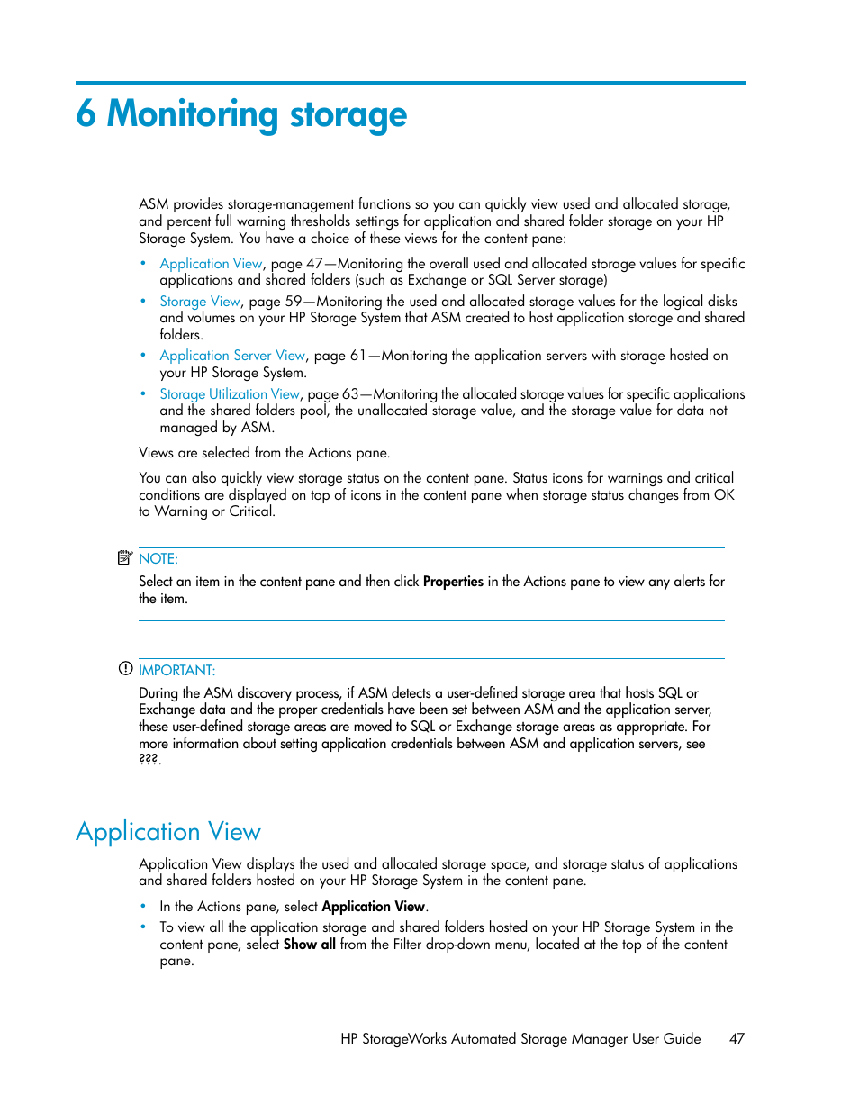 6 monitoring storage, Application view | HP StoreEasy 1000 Storage User Manual | Page 47 / 72