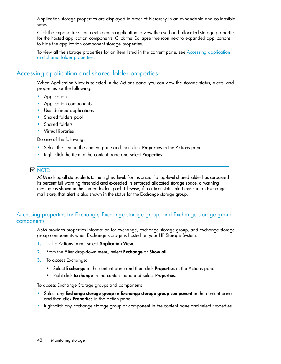 Accessing application and shared folder properties | HP StoreEasy 1000 Storage User Manual | Page 48 / 72