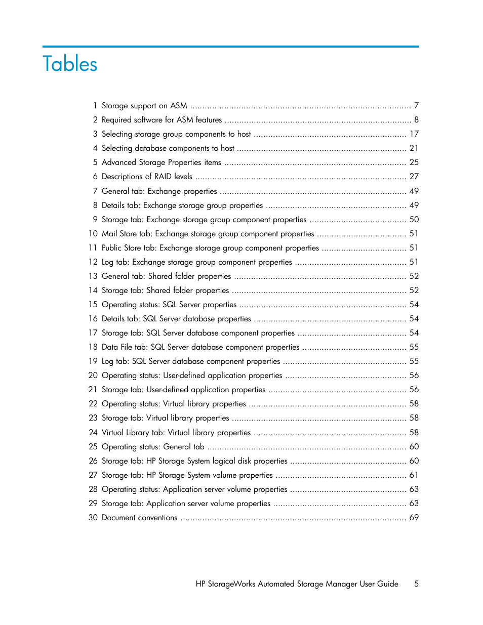 Tables | HP StoreEasy 1000 Storage User Manual | Page 5 / 72