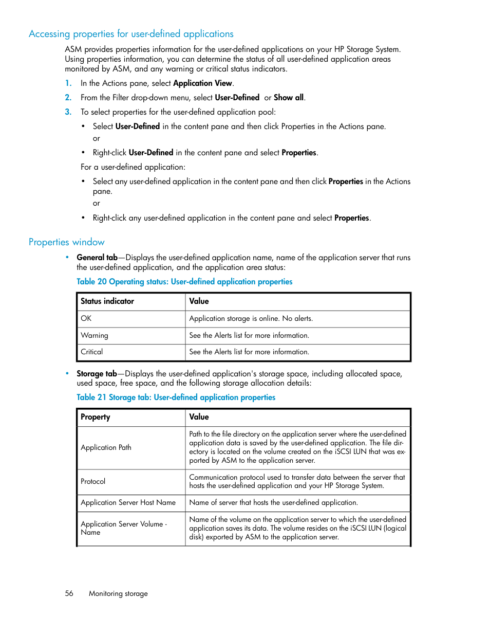 Storage tab: user-defined application properties | HP StoreEasy 1000 Storage User Manual | Page 56 / 72