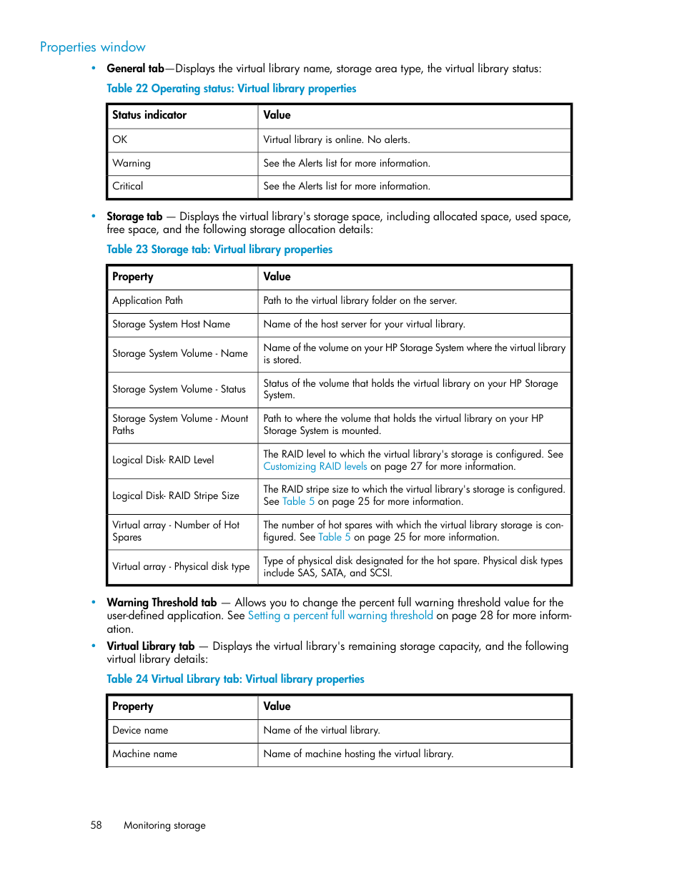 Operating status: virtual library properties, Storage tab: virtual library properties, Virtual library tab: virtual library properties | Properties window | HP StoreEasy 1000 Storage User Manual | Page 58 / 72