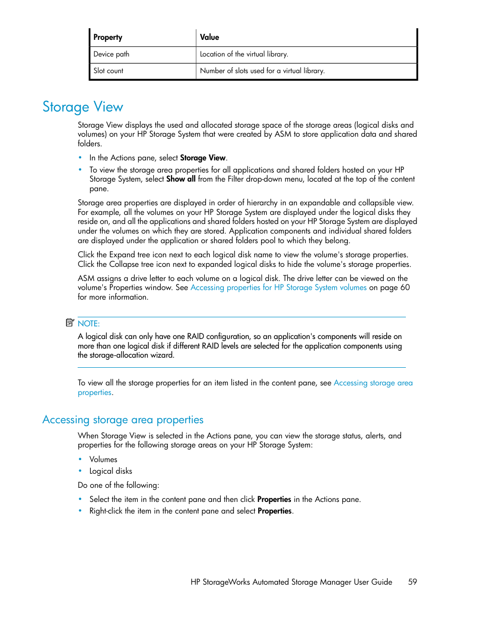 Storage view, Accessing storage area properties | HP StoreEasy 1000 Storage User Manual | Page 59 / 72